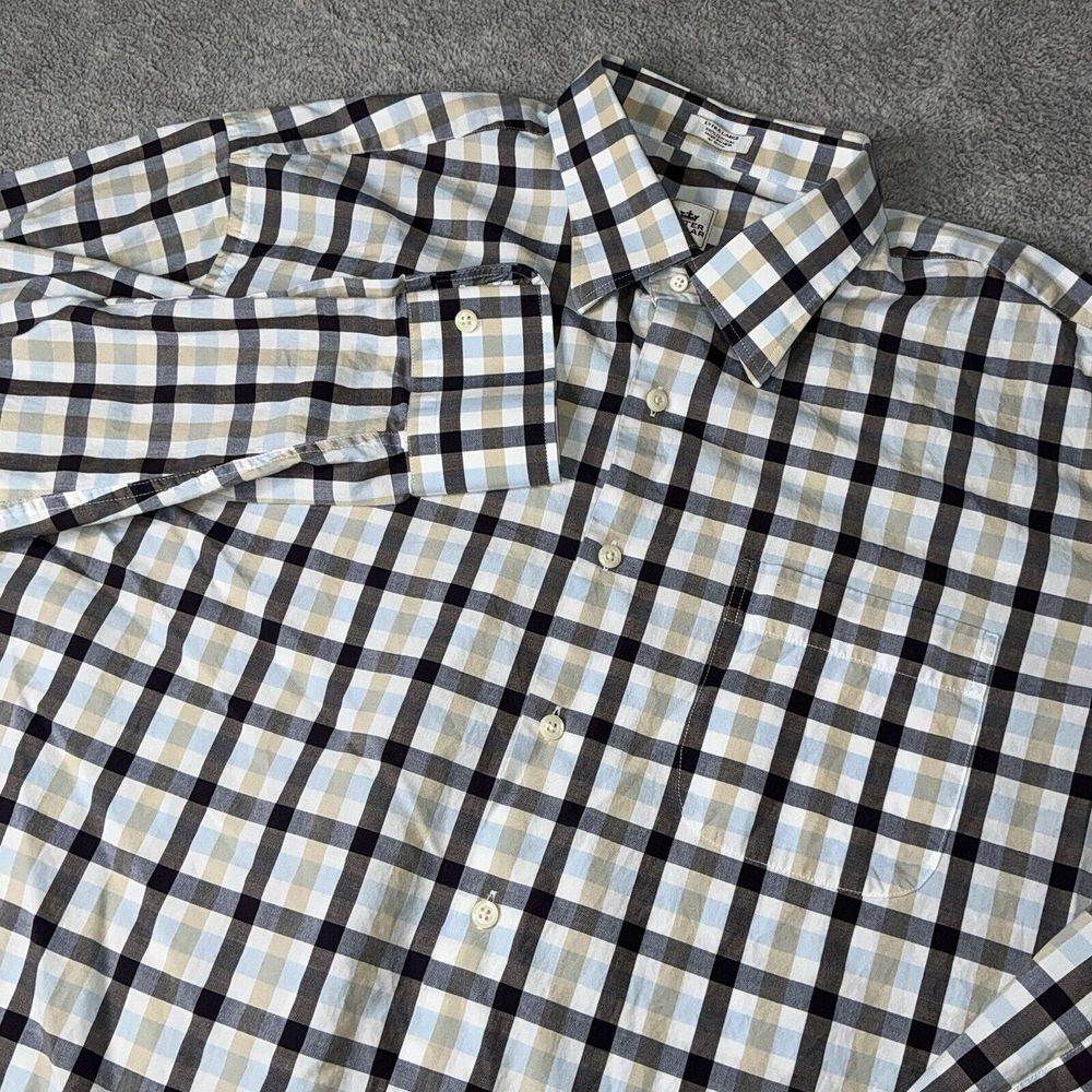 Peter Millar Mens Button Down XL Blue Brown White Plaid Long Sleeve Cotton‎